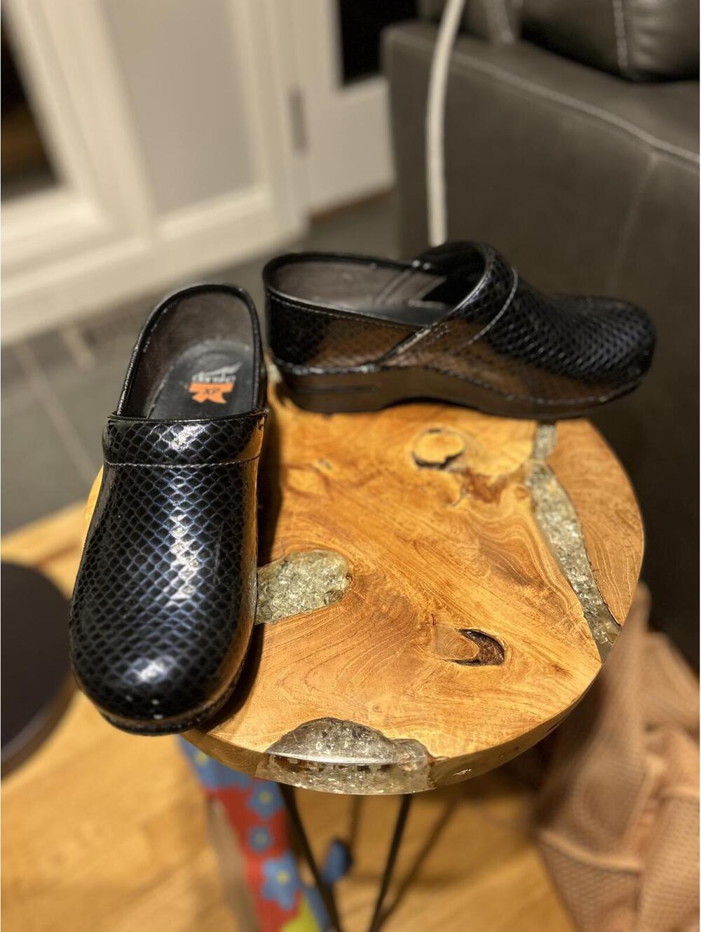 Dansko Black/Blue Leather Clogs with Textured Pattern